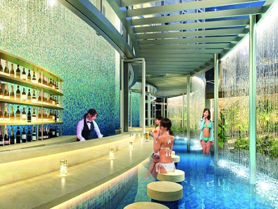 A bar counter covered with water curtains that makes you feel like you are at an overseas resort.