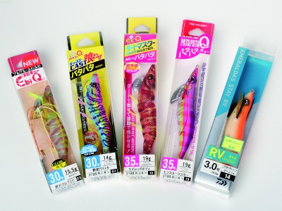 A variety of squid jigs from top Japanese brands such as DUEL, DAIWA, and SHIMANO.