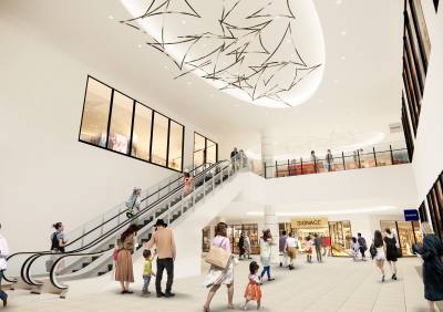 The interior of the building, just outside the main entrance, gives a fresh impression. A variety of popular stores of note are lined up.