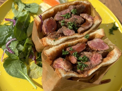 Beef loin steak sandwich 1,100 yen.